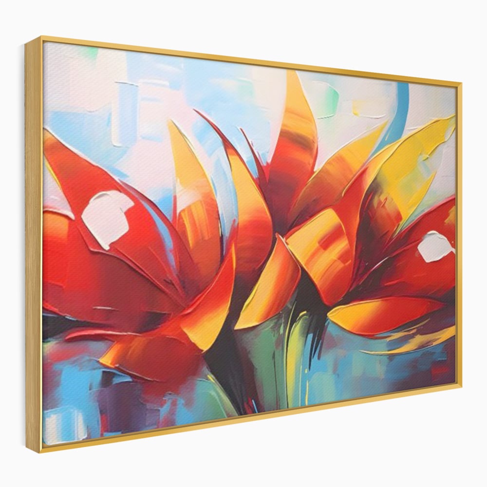 Tablou canvas cu pictura abstracta cu flori portocalii, in rama de aluminiu auriu